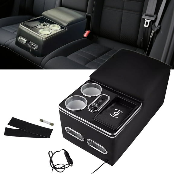 7 Colors Center Console Armrest Organizer with Wireless Charging Phone Holder Cup Holders for Car Minivan Van Truck Floor Cab Back Bench Seat Storage Box Leather and acrylic