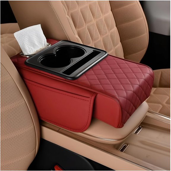 Center Console Armrest Pillow, Memory Leather 4 in 1 Arm Rest Cover with Tissue Box 2 Side Storage Bag Cup & Phone Holder, Armrest Cushion, Universal Fit ( Red)