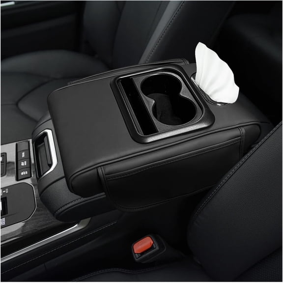 Center Console Armrest Pillow, Multifunctional Armrest Box Cover with Cup Phone Tissue Holder & Side Pockets, Leather Middle Console Cushion for (Black, Normal)