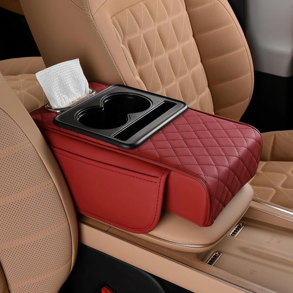 Center Console Cover, Leather Armrest Cover for , Universal Middle Console Cushion With Storage Box, Cup Holder, Tissue Box, Phone Slot, Luxury  Interior Accessories,  Red