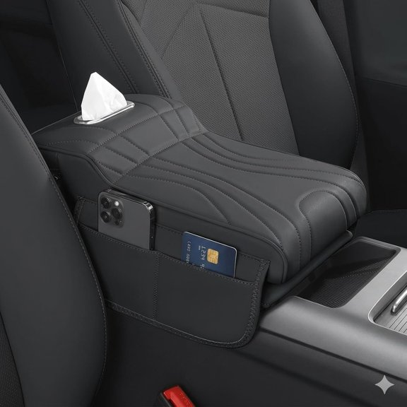 Center Console Cover with Tissue Box Holder,  Armrest Cover for  with Side Storage Pockets, Multifunctional  PVC Leather  Armrest Cushion Pad,  Fit, Black