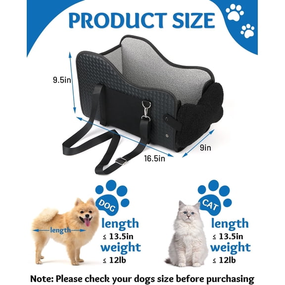 Center Console Dog Car Seat, Pet Car Seat, Armrest Middle Console Booster Travel Carrier for Small Dogs and Cats(Black Leather)