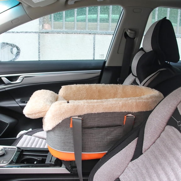 Center Console Dog Car Seat for Small Dogs & Cats, Elevated Plush Pet Car Seat with Safety Leash, Washable Carrier, Fits Front Vehicle Console (Up to 10 lbs, Cream White)