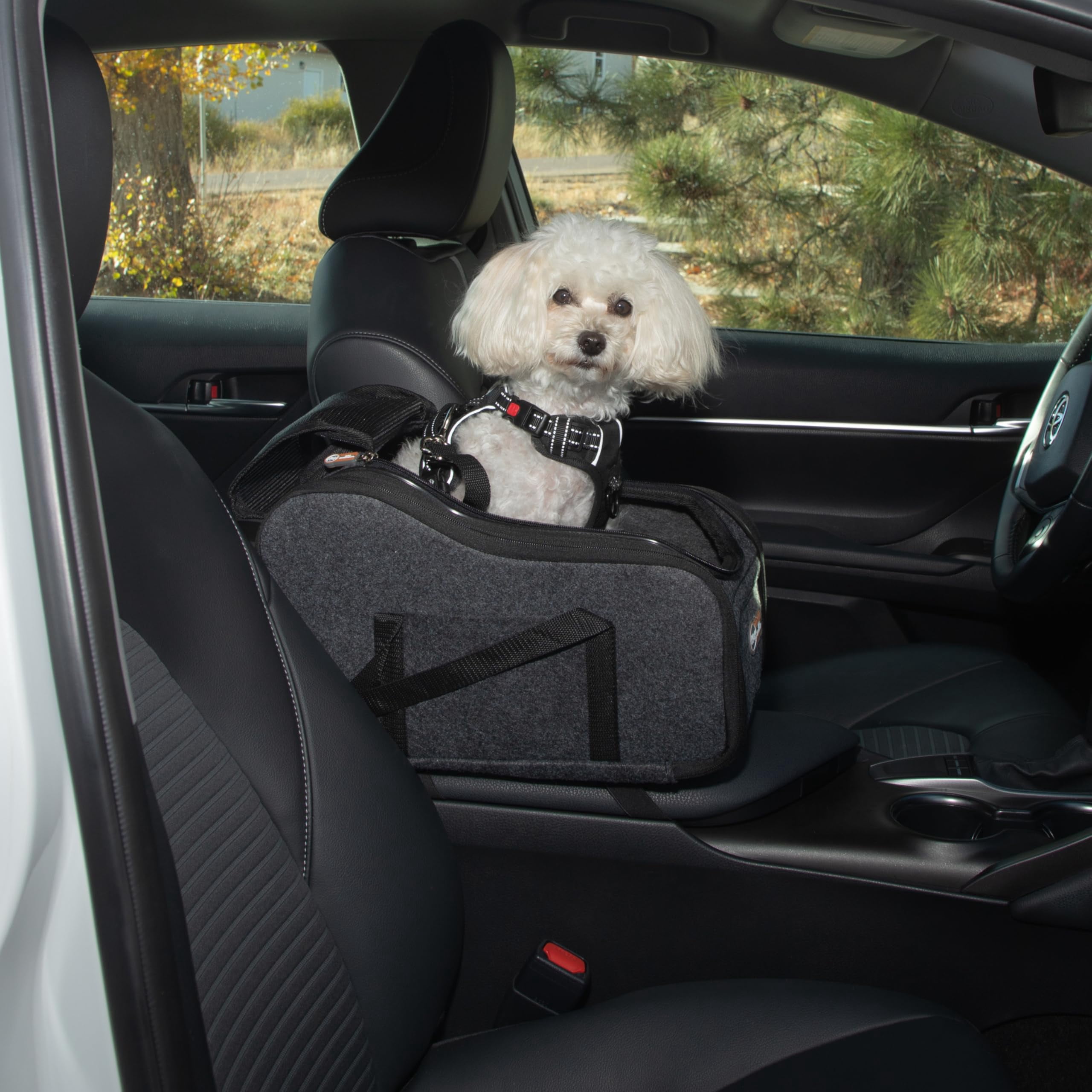 Center Console Dog Car Seat For Small Dogs & Cats  Secure Armrest Booster Carrier With Safety Tether Zippered Enclosure 2 Pockets Washable Plush Pad Pets Under 8 Lbs.