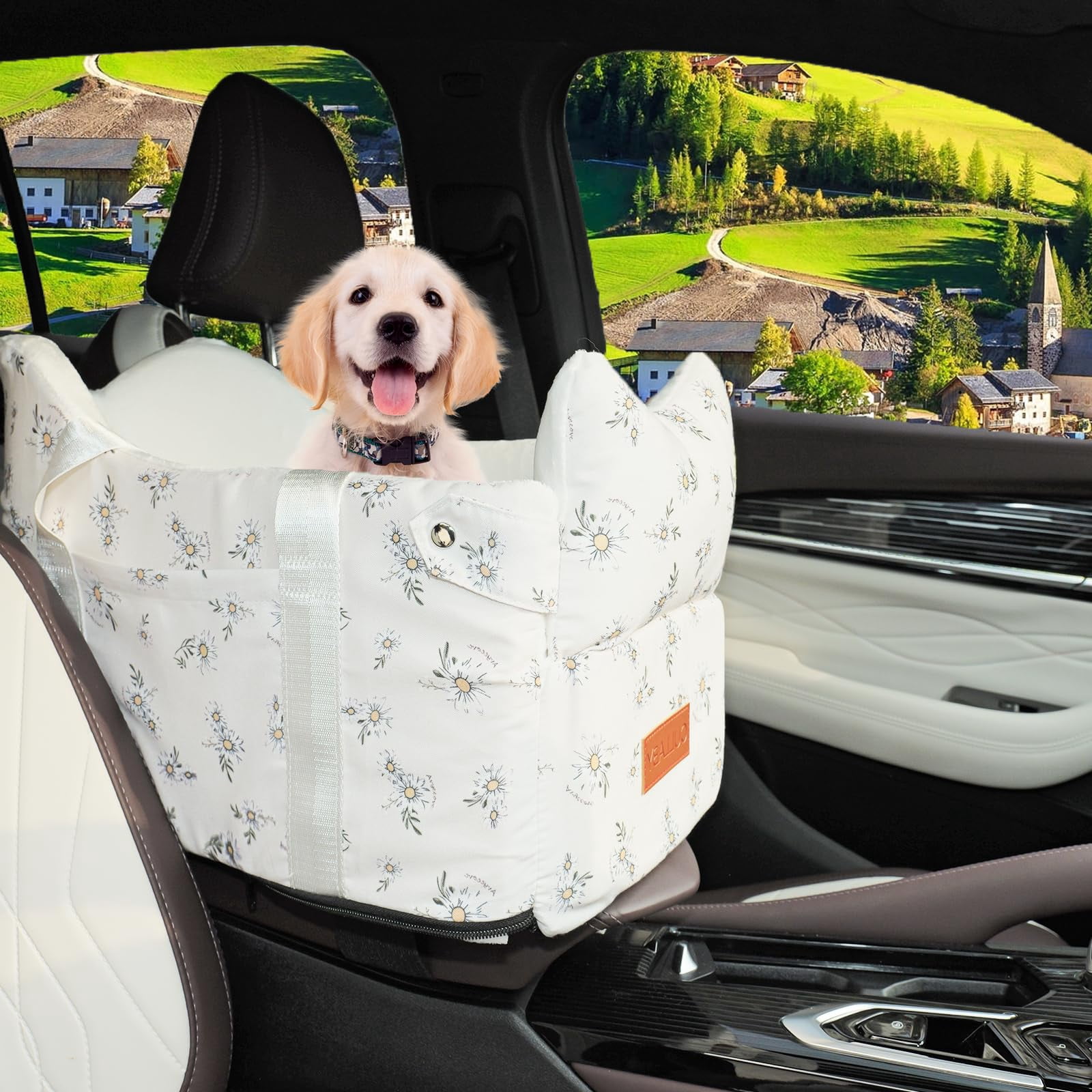 Center Console Dog Car Seat For Small Dogs - Portable Puppy Booster Armrest Carseat  Anti-collapse Comfort Travel With Washable Fluffy Cushion & Pillow Fits Up To 15 Lbs (off White)
