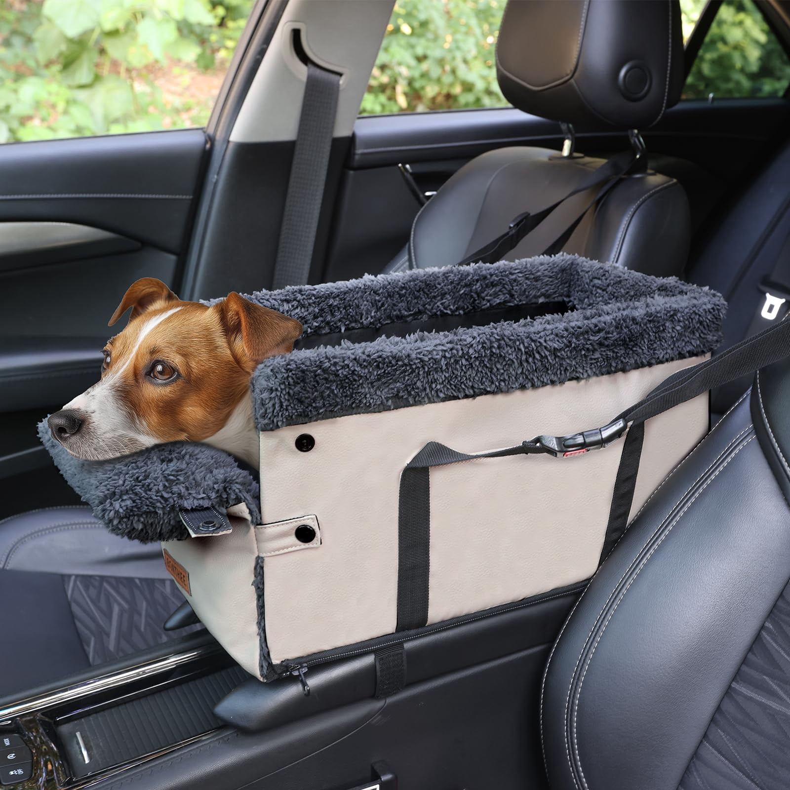 Center Console Dog Car Seat For Small Dogs Pu Leather Booster Washable Foldable Puppy With Safe Protection Hooks Adjustable Straps And Storage Pocket Pet Up To 15lbs