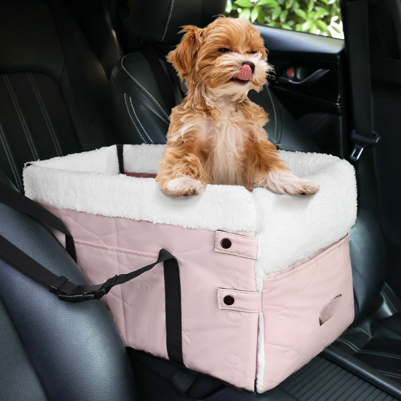 Center Console Dog Car Seat For Small Dogs Pu Leather Booster Washable Foldable With Safe Protection Hooks Adjustable Straps And Storage Pocket Pet Up To 15lbs-pink