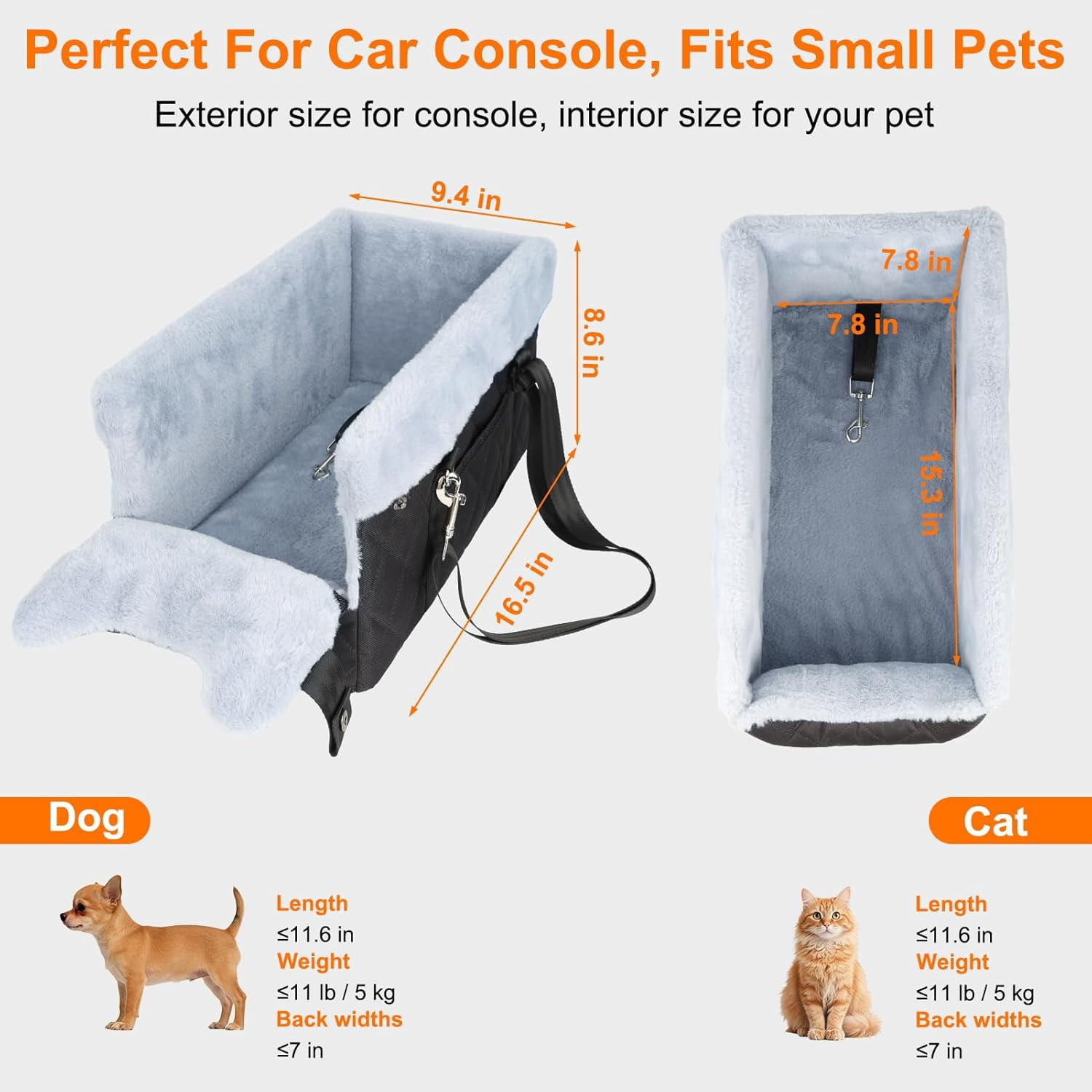 Center Console Dog Car  for Small Dogs  to 10 lbs, Plush Pet Booster  with Safety Leash, Adjustable Straps, Storage Pocket, Portable Car  for Puppies, Black &