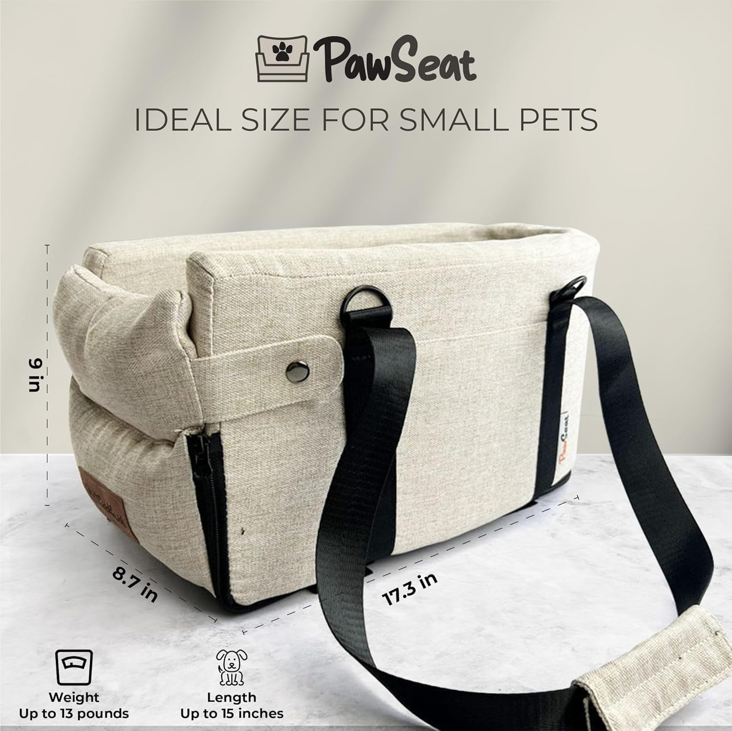 Center Console Dog Car  for Small Dogs 5-13Lbs with Safety Belt and Storage Pockets - Beige Woven