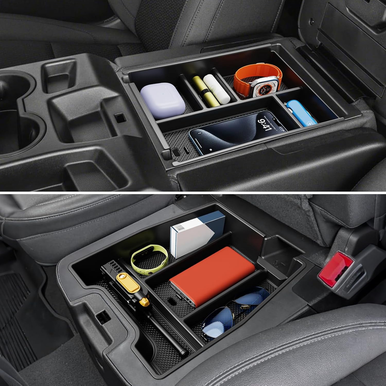 Center Console Organizer, 2PCS Storage Tray Compatible with 2019-2025 Chevy Silverado/GMC Sierra 1500 & 2020-2025 Silverado/Sierra 2500HD 3500HD (Split-Bench Folding Seat)-Black