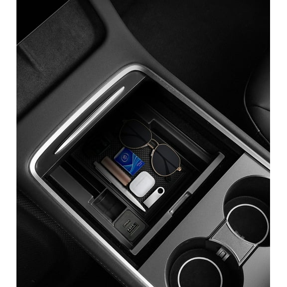 Center Console Organizer Tray Storage Box With USB & Type-C To 2021 2022 2023 2024 Tesla model y and model 3 (Exc. Highland), Storage Box ABS Material For Glasses,Credit Cards,Small Change