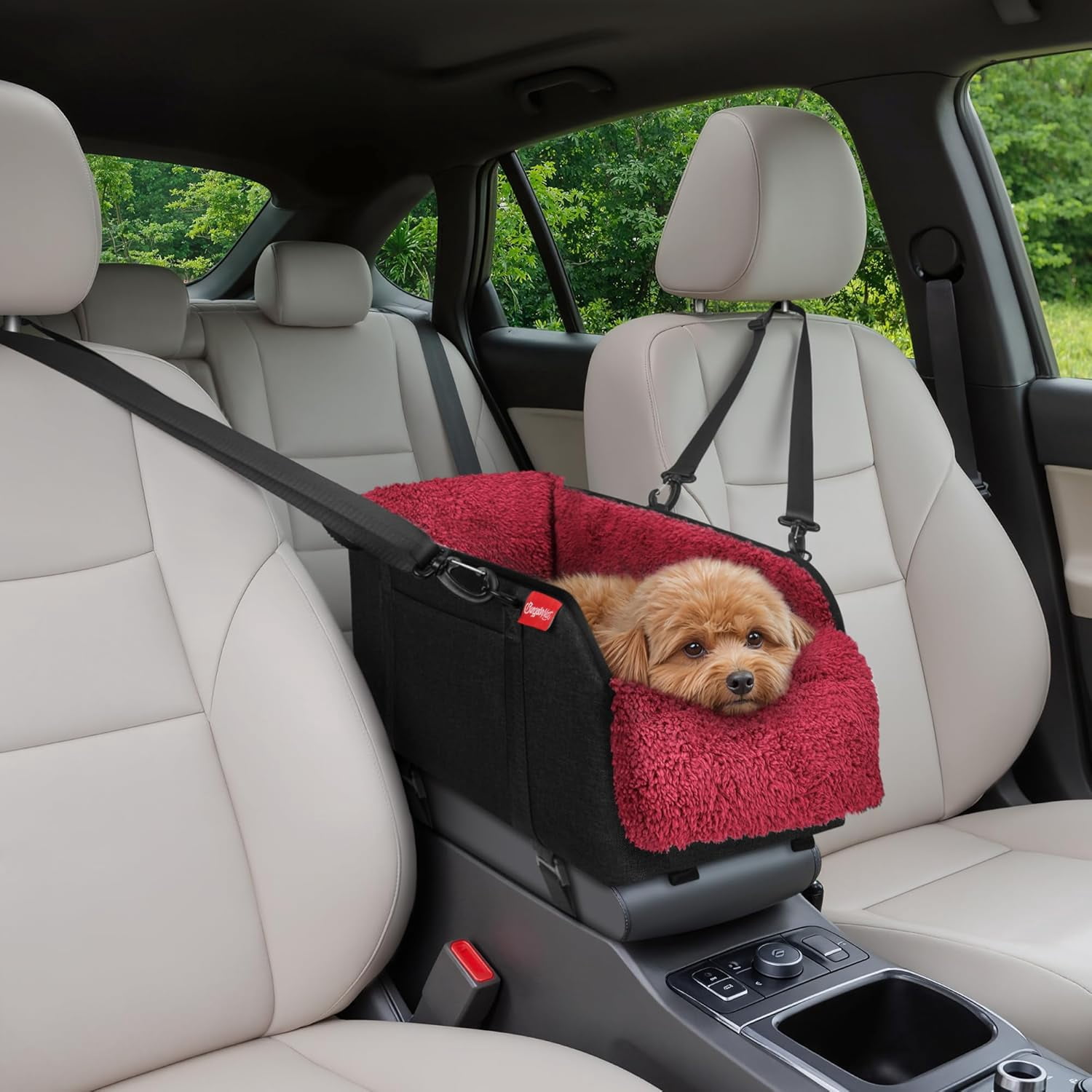 Center Console Small Dog Car Seat - Portable Pet Cat Puppy Booster Armrest Carseat Up to 11lbs, Anti-Collapse Comfort Car Travel with Washable Fluffy Cushion and Pillow, Red