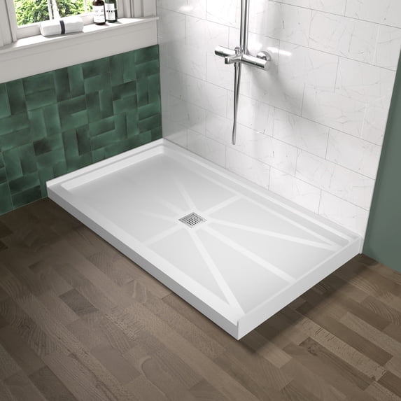 Shower Base 60" L x 36" W x 4" H Anti-slip Stainless Steel Shower Pan,Center Drain, White, ACE