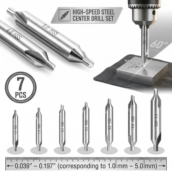 Center Drill Bit Set M2 High Speed Steel 7pcs 60 Degree Angle Centering Drill Bit Countersink Tool for Lathe Metalworking in Size 0.039 0.059 0.079 0.098 0.12 0.16 0.2inch