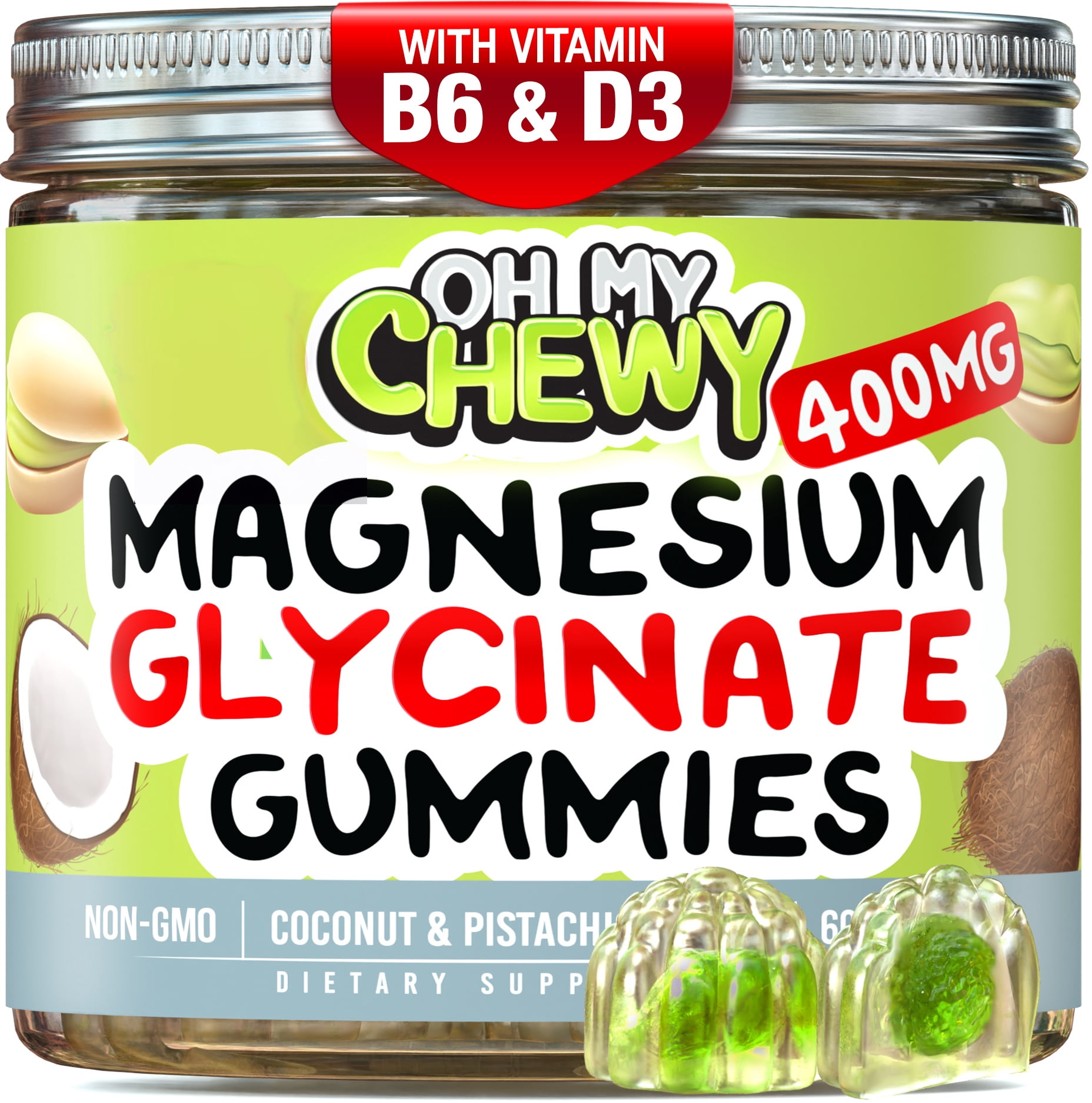 Center-Filled Magnesium Glycinate Gummies 400MG - High Absorption for Kids, Teens & Adults - Supplement for Sleep, Calm & Muscle Relaxation with B6 & D3 - Gluten Free & Vegan Friendly - 60 Count