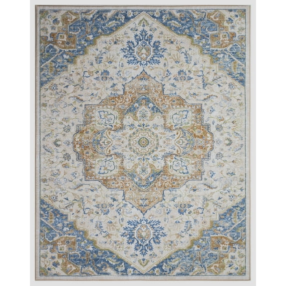 Center Medallion Ivory 5 ft. x 7 ft. Machine Washable Traditional Indoor Area Rug