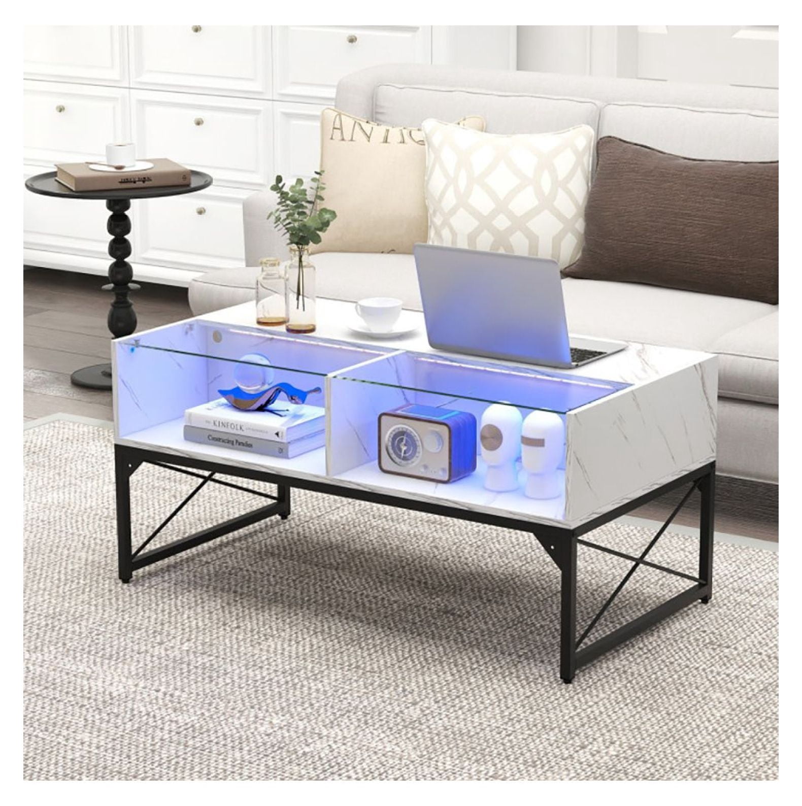 Modren Rectangular Side Table Center Table with Faux Marble & Tempered Glass Top, LED Coffee Table ...