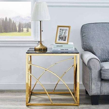 KEIVVAKN 0.3 Inch Tempered Glass Top Square Stainless Steel Coffee Table Gold