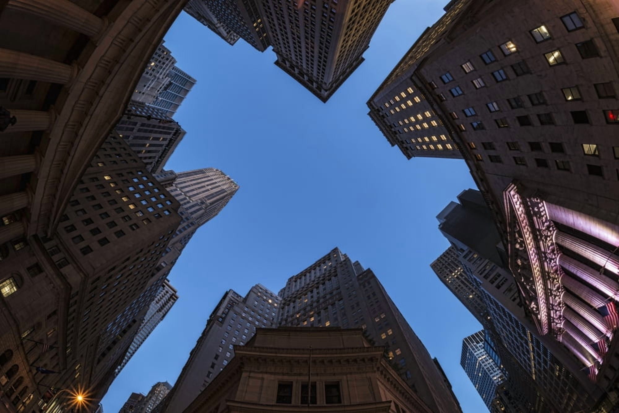 Center of Wall Street at twilight New York City New York United States of America Canvas Art - F M Kearney Design Pics (38 x 24)