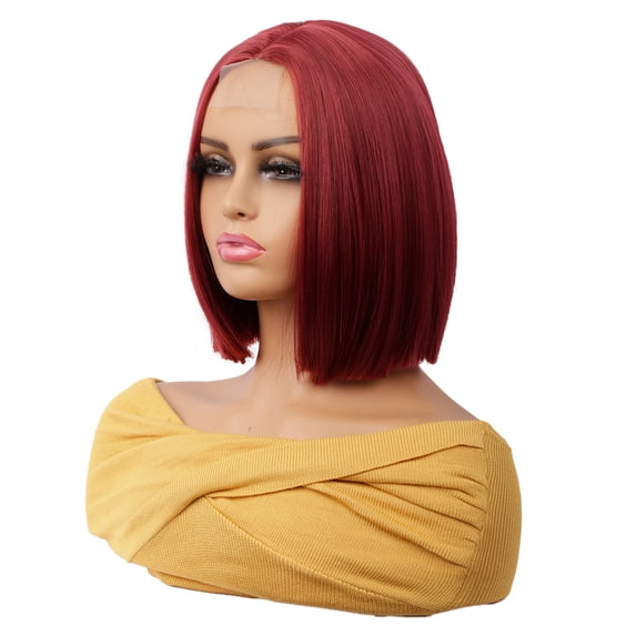 Center-parted burgundy bob wig for women, with lace detailing on the front, clavicle-length hair, made of high-temperature fiber, suitable for all face shapes.