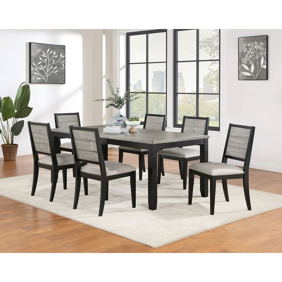 Centera 7-Piece Dining Set: Grey & Black Wood Table & Upholstered Chairs, Seats 6, Extendable 60-78" for Dining Room, Farmhouse Style.