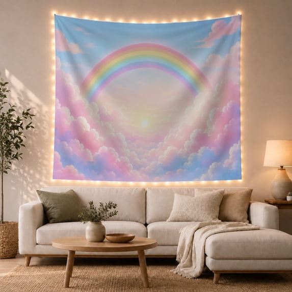 Centered Pastel Rainbow Above Symmetrical Cloud Layers, Serene Illustration for Sky Lovers, Rainbow Wall Art, Housewarming Gift, Tapestry Wall Hanging for Bedroom and Studio