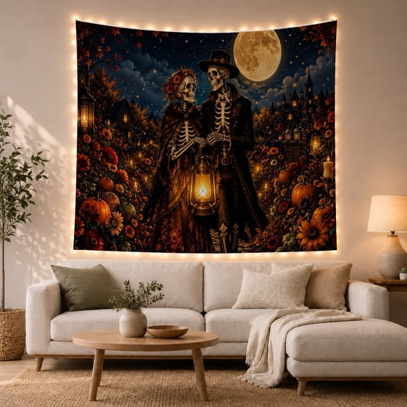Centered Skeleton Pair Holding Hands Among Pumpkins under Moon, Spooky Gothic for Dark Art Lovers, Autumn Decor, Halloween Gift, Tapestry Wall Hanging for Living Room and Den