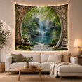 thumbnail image 1 of Centered Waterfall in an Ornate Moon Gate, Peaceful Fantasy for Meditation Enthusiasts, Bamboo Forest Decor, Housewarming Gift, Tapestry Wall Hanging for Studio and Bedroom, 1 of 7