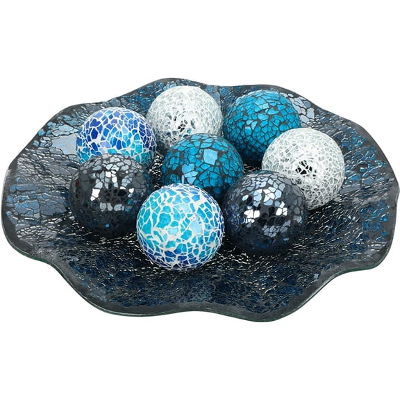 Centerpiece Bowl and Decorative Balls Set 8 Pcs Table Mosaic Plate with 2.4 Inch Glass Mosaic Orbs Glass Turquoise Tray and Spheres for Centerpiece Table Home Vases Decor (Multicolor)