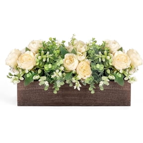 Centerpiece Table Decorations for Dining Room Farmhouse Table Centerpieces Decor Wood Tray with 3 Artificial Flowers and 2 Eucalyptus for Living Room Kitchen Table, 14.1" x 4.7" x 3.1"