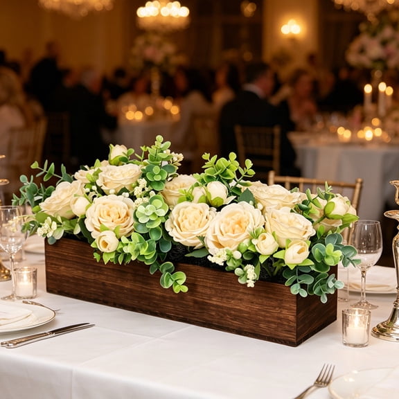 Centerpiece Table Decorations for Dining Room Farmhouse Table Centerpieces Decor Wood Tray with Artificial Flowers and Eucalyptus for Living Room Kitchen Table (Champagne, 17.7 inches)