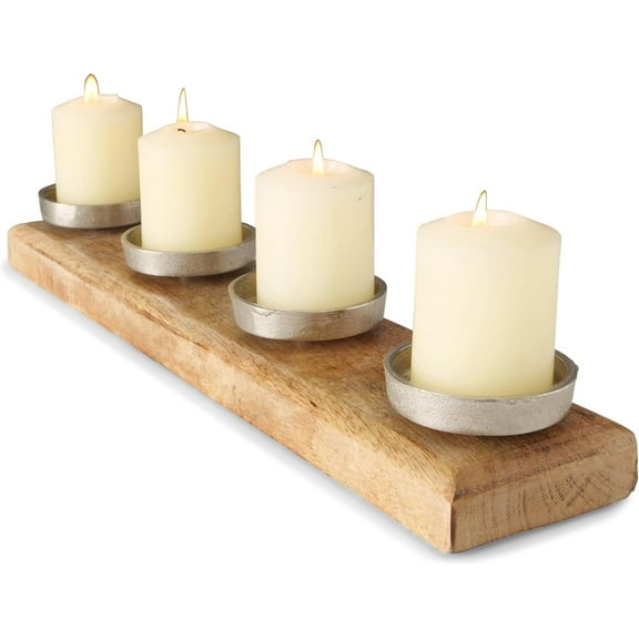 Centerpiece Votive Candle Holder, 4 Silver Metal Candle Cups, Wood Base, 19.75 L x 4 W x 2.25 H Inches