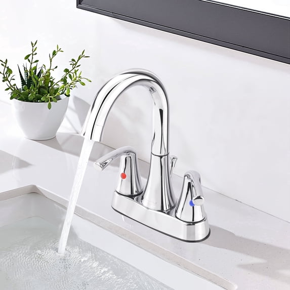 Sunrinx 4-Inch Bathroom Sink Faucet Chrome 2 Handle Centerset High Arc Swivel Faucet
