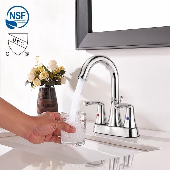 SUNRINX Bathroom Faucets For 4'' Sink 3 Hole, Chrome, High Arc 2 Handles Bathroom Sink Faucet, Drain Assembly, Swivel Faucet Head