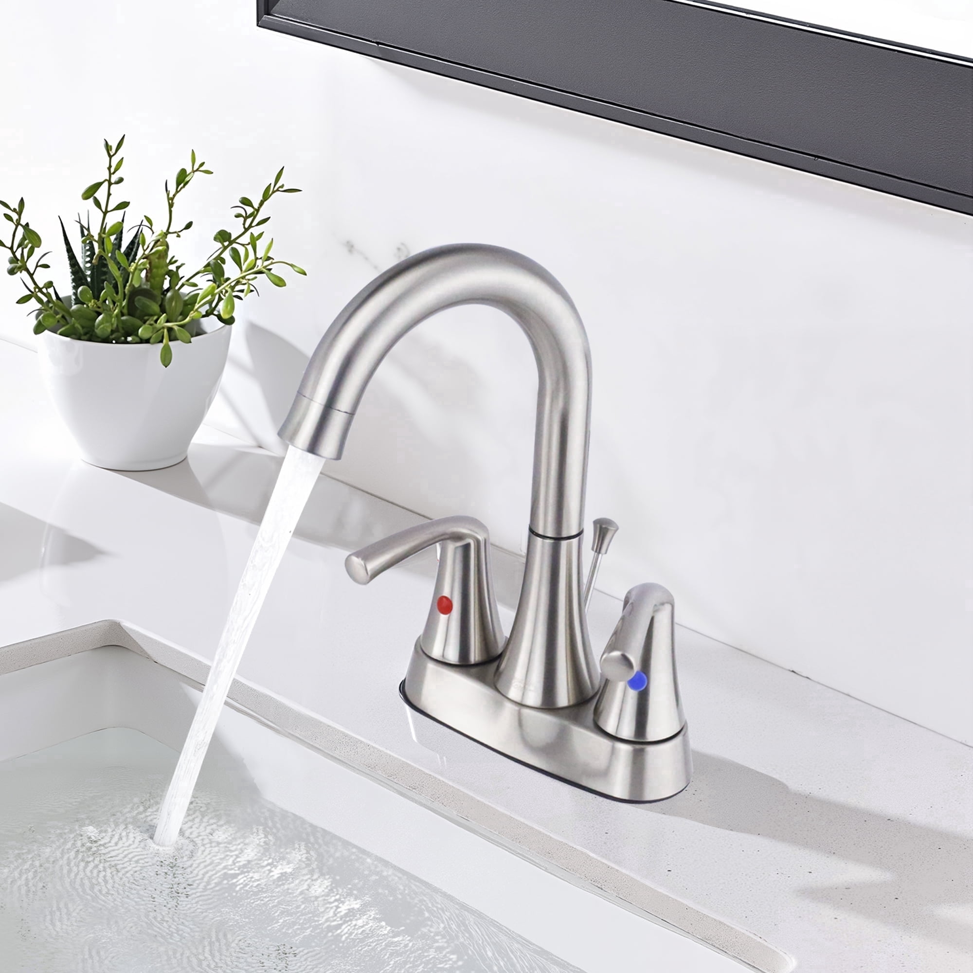 Sunrinx 4-Inch Bathroom Sink Faucet Brushed Nickel 2 Handle Centerset High Arc Swivel Faucet
