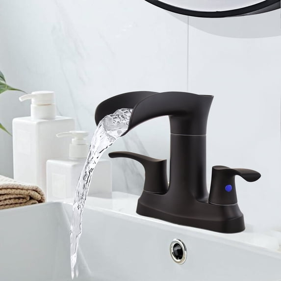 Sunrinx 4'' Centerset Bathroom Faucet 2-Handle Waterfall Faucet with 360° Swivel Spout, Matte Black, Lead-Free Plastic, Pop-Up Drain