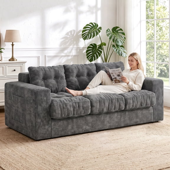 Centilab Cloud 3-Seat Boneless Loveseat Sofa for Adults, Upholstered Bean Bag Couch with Tufted Cushion and Throw Pillows, Sofa in A Box, No Assembly Required for Living Room Apartment Bedroom, Grey