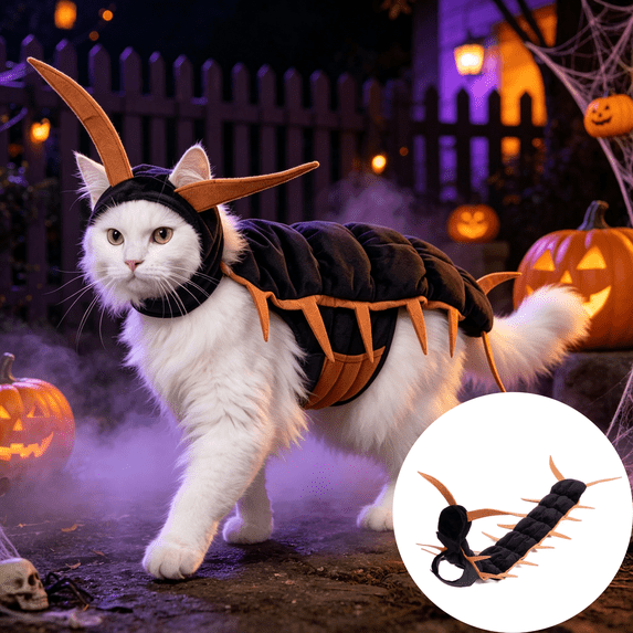 Centipede Cat Costume, 50'' 3D Halloween Pet Cosplay Outfit for Cats, Multi-Leg Character with Filled Body, Hook-and-Loop Fit for Parties Photos Dress-Up Pet Events and Gifts,Gold