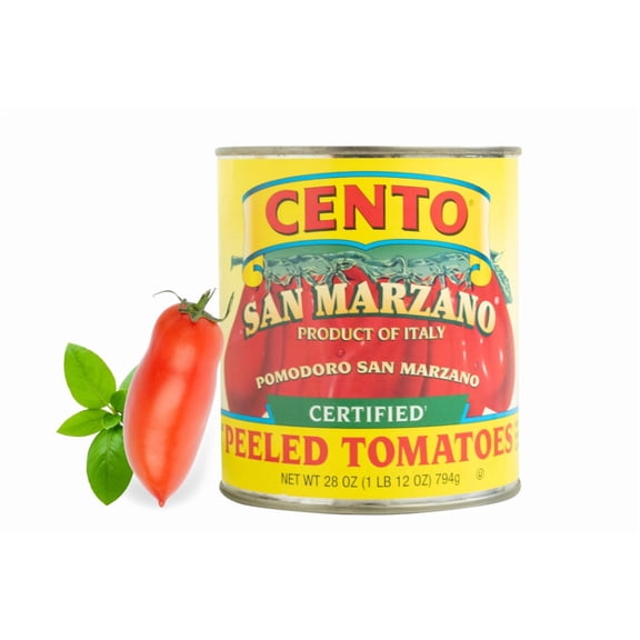 Cento Certified San Marzano Whole Peeled Tomatoes, 28 Oz, Canned Plum Tomatoes in Thick Puree with Basil, Grown and Processed in Italy