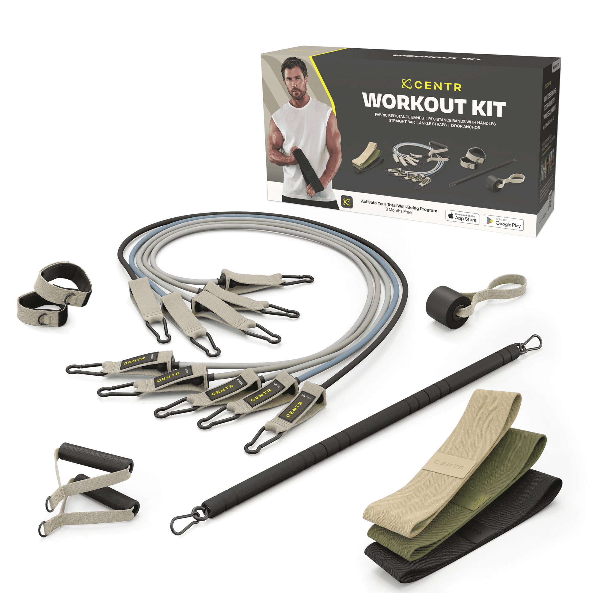 Centr By Chris Hemsworth Home Workout Kit, Resistance Bands and  Attachments, 14 Piece Set + 3-Month Centr Membership 