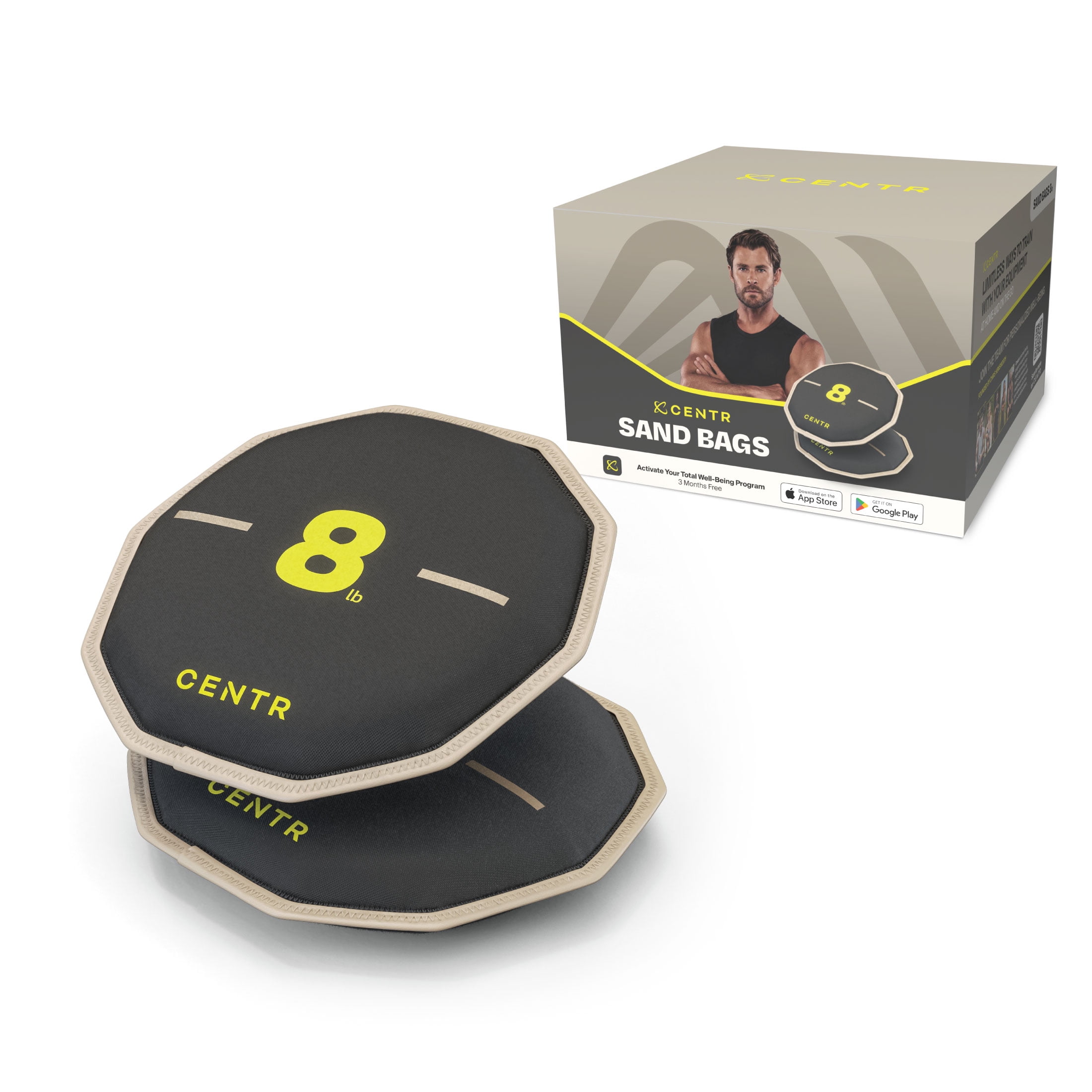 Centr By Chris Hemsworth Sand Bags, Long-Lasting Neoprene Free Weights, 8 lb, 2-Pack + 3-Month Membership