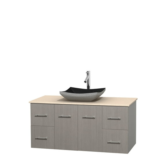 Centra 48" Single Bathroom Vanity, Grey Oak, Ivory Marble Countertop, Altair Black Granite Sink, and No Mirror