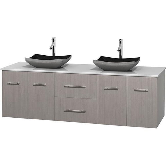 Centra Double Vanity In Gray Oak, Solid-Surface Vanity Top In White And Black Granite Sinks
