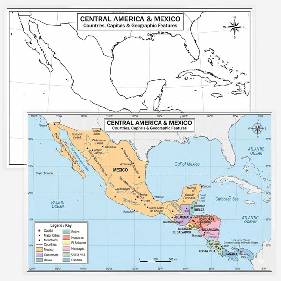 Central America & Mexico Map 11x17 Laminated Dry Erase Geography Chart | Double-Sided with Color Front & Blank Outline Back | Reusable Classroom & Homeschool Tool
