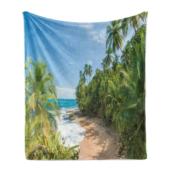 Central America Soft Flannel Fleece Throw Blanket, Wild Caribbean Beach of Manzanillo at Puerto Viejo Tropical Plants, Cozy Plush for Indoor and Outdoor Use, 70" x 90", Multicolor, by Ambesonne
