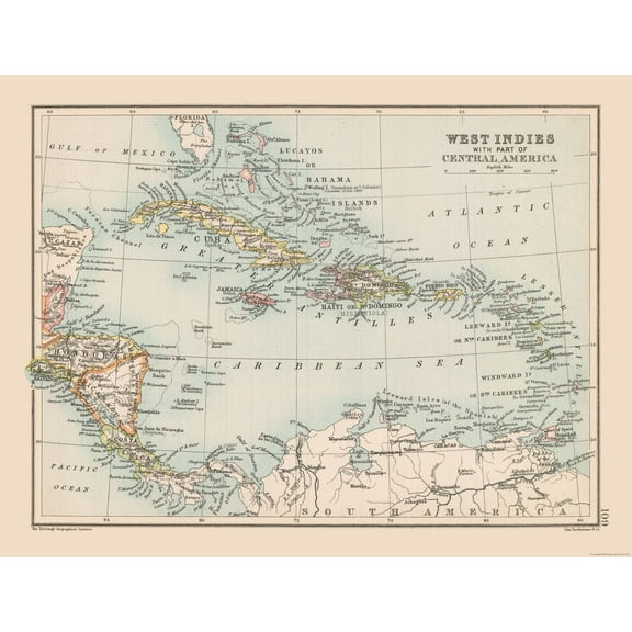 Historic Map - Central America West Indies - Bartholomew 1892 - 30.07 x 23 - Vintage Wall Art