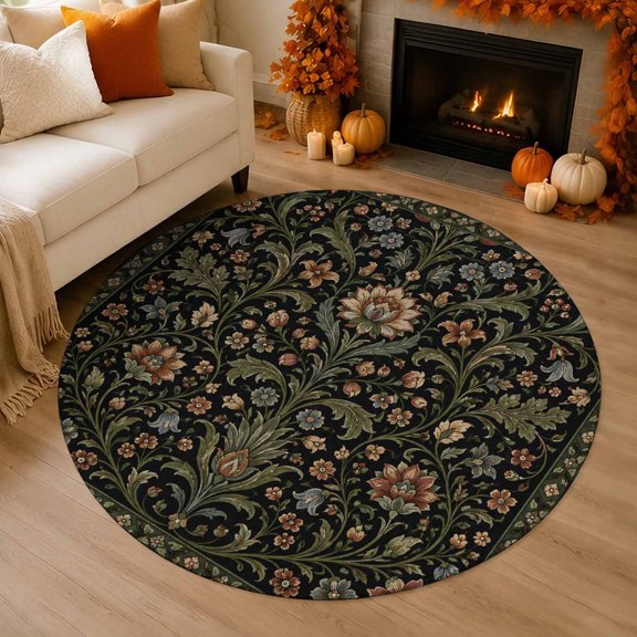 Central Arabesque 3' Round Rug for Bathroom Accent Bedside Corner, Vintage Abstract Floral Flower Buds Green Vine Washable Non Slip Soft Circle Area Rug for Small Spaces Entryway