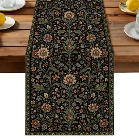 Central Arabesque Table Runner, Vintage Abstract Floral Flower Buds Green Vine Cotton Linen Kitchen Dining Table Runner Home Decor for Party Festival Holiday Decoration Gift 13x36in
