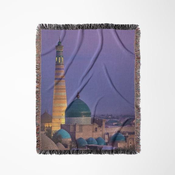 Central Asia, Uzbekistan, Khiva. Muslim Minaret And Mosque At Sunset., Woven Blanket