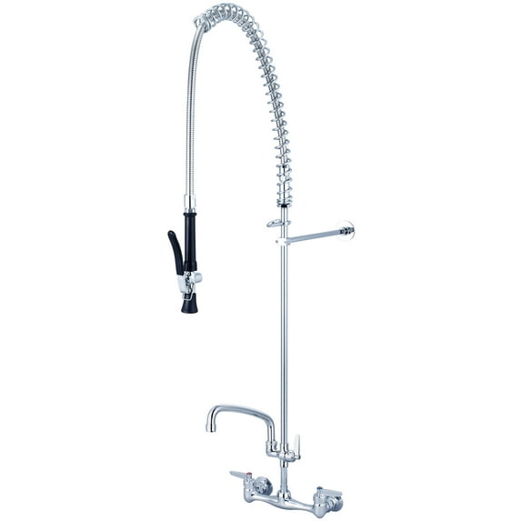 Central Brass 0047-ULE60-AD1 Two Handle Wall Mount Pre-Rinse Faucet with Secondary Control Valve and 8" Swivel Tube Spout, Polished Chrome